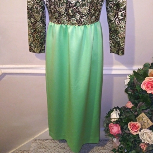 Vintage One-Of-A-Kind Handsewn Black Gold/Mint Lame´ Bodice Long Cocktail Dress - Picture 3 of 16